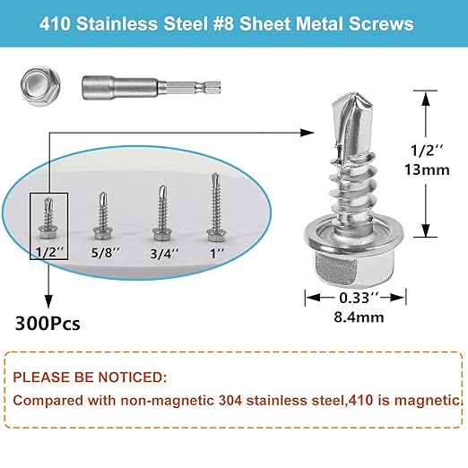 QSJ 300PCS #8 x 1/2'' Sheet Metal Screws 410 Stainless Steel Hex Washer Head Fast Self Tapping Screws with Screwdriver Bit Silver