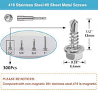 QSJ 300PCS #8 x 1/2'' Sheet Metal Screws 410 Stainless Steel Hex Washer Head Fast Self Tapping Screws with Screwdriver Bit Silver
