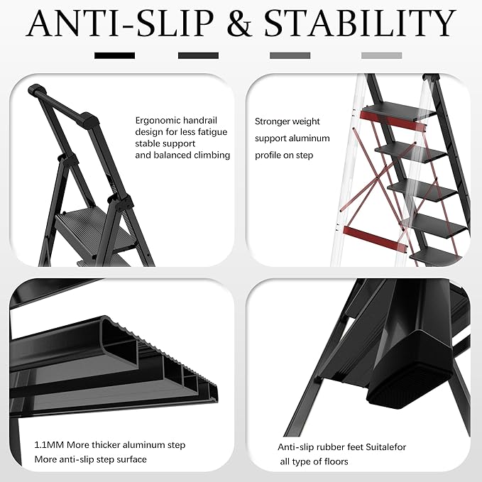 5 Step Ladder Adult Portable Folding Step Stool, Folding Aluminum Step Ladder with Double Padded Treads, Step Ladder with Handle for Home, Kitchen, Outdoor, 330 lb Weight Capacity - Black