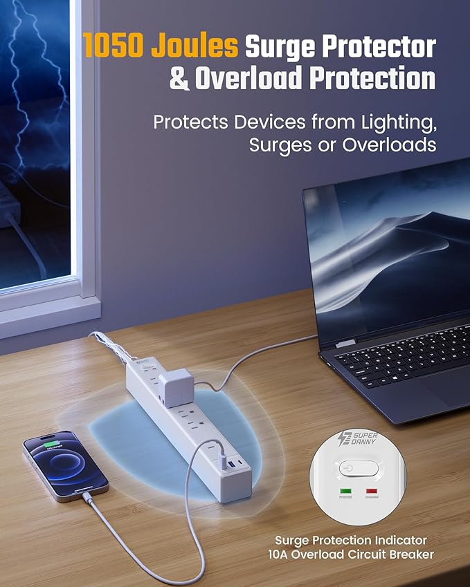 15Ft Long Extension Cord, SUPERDANNY Surge Protector Power Strip with 6 Outlets & 3 USB Ports, Flat Plug Power Strip Wall Mountable, Desk Charging Station for Home Office, College Dorm Room Essentials