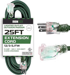 IRON FORGE CABLE 12 Gauge Extension Cord 25 Ft Lighted End - 12 AWG Heavy Duty Extension Cord with 3 Prong, Industrial Grade Green Outdoor Cable 12/3 SJTW for Major Appliances & HVAC, US Veteran Owned