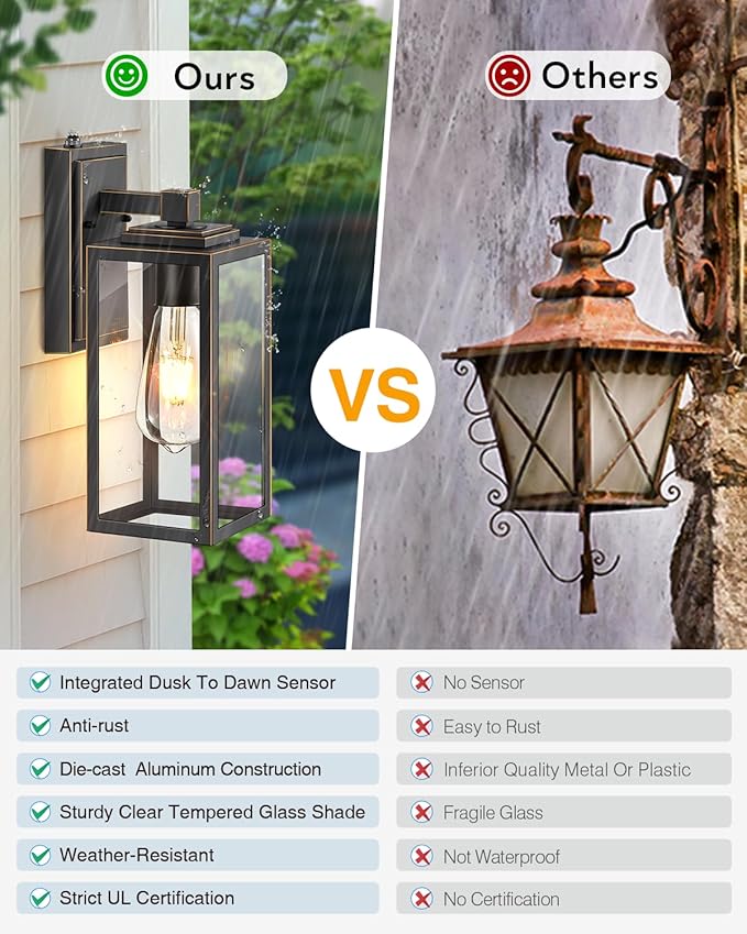 VIANIS Dusk to Dawn Exterior Wall Lights, Black Gold Modern Outdoor Wall Lighting Lantern, Waterproof Garage Lamp Sconce for House Patio, 100% Aluminum Front Porch Light Wall Mount Fixture, E26 Socket