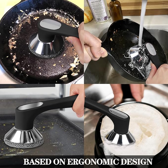 Cast Iron Cleaner Scrubber with Long Handle- Welded Fine Chain Mail Scrubber Cleaning Kit- Metal Brush Chainmail Scrubbing Sponge to Clean Skillet, Dishes, Griddle, Wok, Dutch Oven Scrub