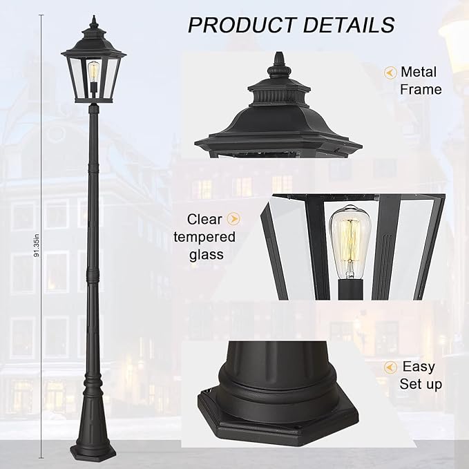 Outdoor Lamp Post Light, Waterproof Outdoor Classic Street Lights with Clear Glass for Backyard, Patio, Garden, Lawn, Pathway, Driveway