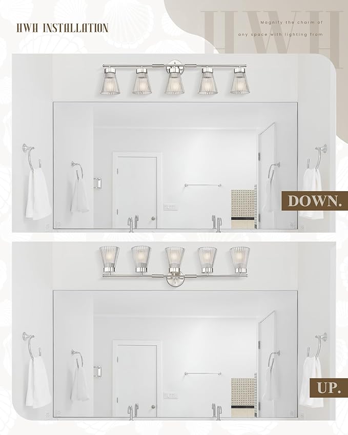 Brushed Nickel Bathroom Vanity Light, HWH 5-Light Bathroom Light Fixtures Modern Wall Vanity Lamp for Bathroom Over Mirror, Clear Striped Glass Shade, 5HZG97B-5W BN