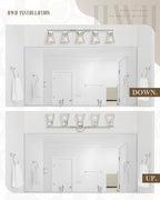 Brushed Nickel Bathroom Vanity Light, HWH 5-Light Bathroom Light Fixtures Modern Wall Vanity Lamp for Bathroom Over Mirror, Clear Striped Glass Shade, 5HZG97B-5W BN