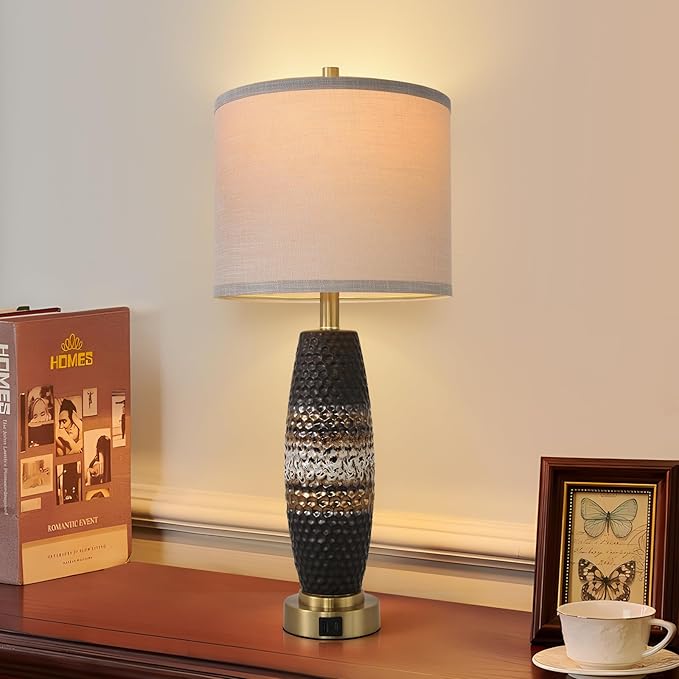 Terpsichore 3 Way Dimmable Farmhouse Table Lamps Bedroom Touch Bedside Lamp Modern Glazed Ceramic Lamp 2 Set with Fabric Shade,USB Type-C Port for Bedroom,Reading,Desk,Living Room,Office