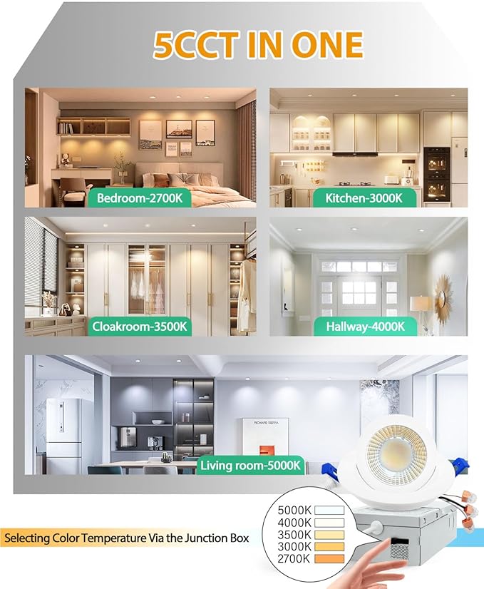 zouzai 3 Inch 5CCT Gimbal Led Recessed Lighting with Junction Box, 2700K/3000K/3500K/4000K/5000K Selectable, 7W Eqv 80W, 360°+90° Adjustable Recessed Lights, 798LM Brightness - ETL (White, 1 Pack)