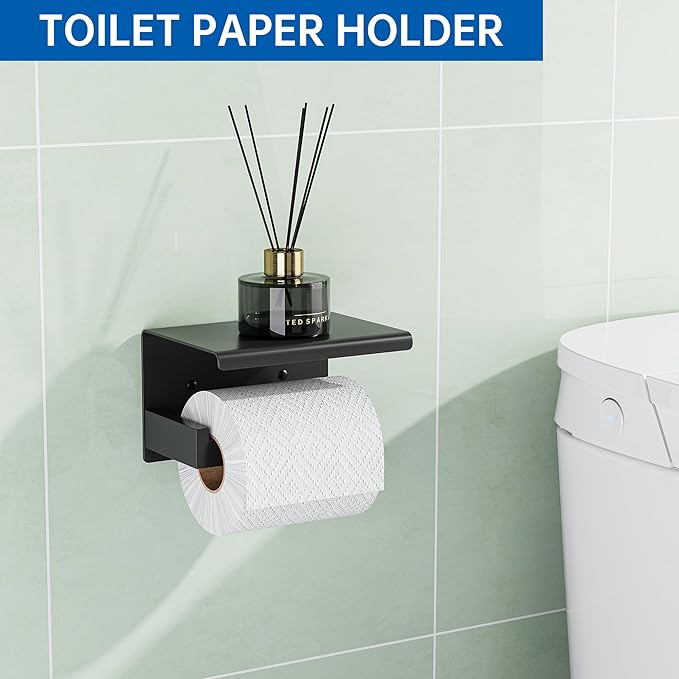 5-Pieces Bathroom Hardware Set, SUS304 Stainless Steel Wall Mounted 16 Inch Towel Bar, Toilet Paper Holder, Towel Hooks, Bathroom Towel Bar Set (Matte Black (Type 2), 5 Piece-16 inch)