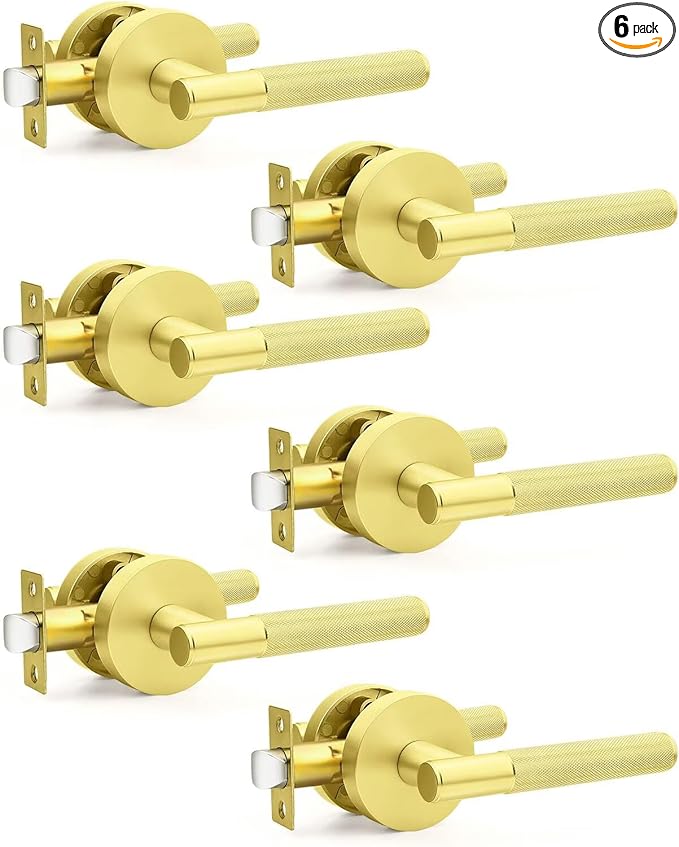 6 Pack Gold Interior Door Handles, Passage Door Lever Without Lock, Modern Round Knruled Door Knobs for Closet and Hall, Reversible Non-Locking Handle Lever