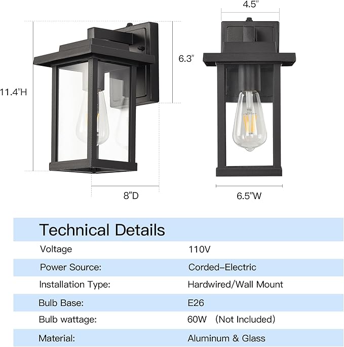Outdoor Wall Light Fixtures, Modern Exterior Wall Mount Lanterns, Outside Wall Sconces in Black Finish with Clear Glass for Porch Patio Farmhouse, 2-Pack
