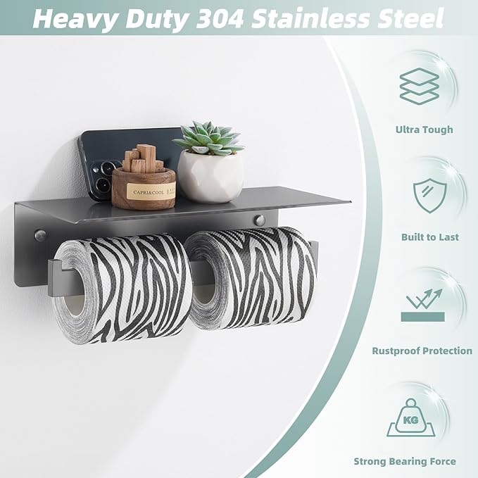 APLusee Gunmetal Gray Double Toilet Paper Holder with Shelf, 304 Stainless Steel Bathroom Tissue Roll Holder, Wall Mounted Paper Dispenser for Bathroom Kitchen, Fits Mega Rolls