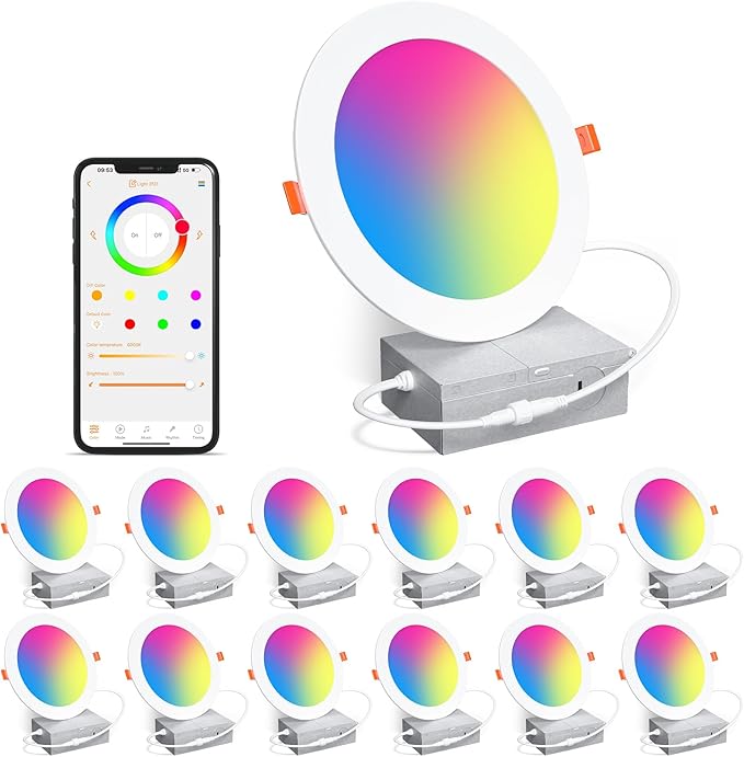Smart Recessed Lighting 6 Inch RGBCW Color Changing 16W LED Downlight with Junction Box,1350 Lumen Recessed Ceiling Light Compatible with Alexa,Dimmable by Bluetooth Control -12Pack