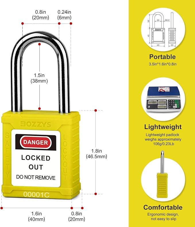 Lockout Tagout Locks 6-Pack｜OSHA Yellow Loto Locks Keyed Different｜2 Keys/Lock for Industrial Machinery & Electrical Panels｜Chrome Steel & Laser Coding