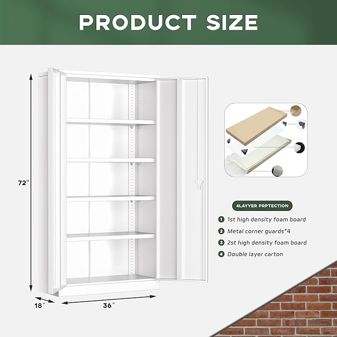 Greenvelly Metal Garage Storage Cabinet with 2 Doors & Adjustable Shelves, 72" Lockable Steel Tool Cabinet - White - (36" W x 18" D)