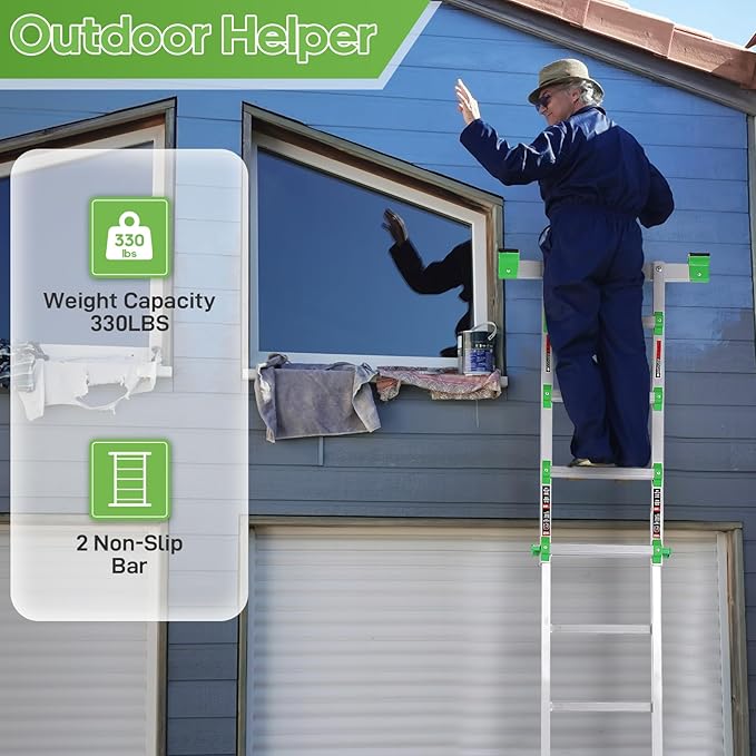 Ladder, Extension Ladders for Home Stairs 14 Ft, 4 Step Multi Position A Frame Ladder with Stabilizer Bar, Compact Folding, 330 lbs Telescopic Aluminum Adjustable Ladders, Escaleras para Casa