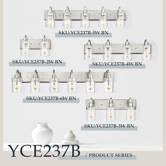 Emliviar 2-Light Bathroom Vanity Light - Bathroom Light Fixture in Brushed Nickel Finish with Clear Glass, YCE237B-2W BN