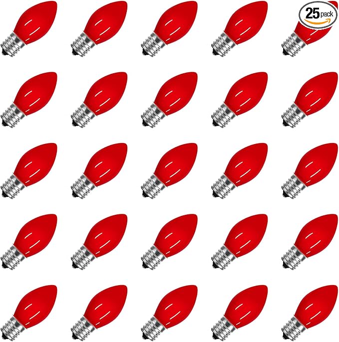 25 Pack Red Christmas Light Bulbs C7 Replacement Bulbs Nightlight Bulb, Vintage Red C7 Christmas Lights Replacement Bulbs for Xmas Home Bedroom Tree Window Candle String Lights Decor, E12 Base, 5W