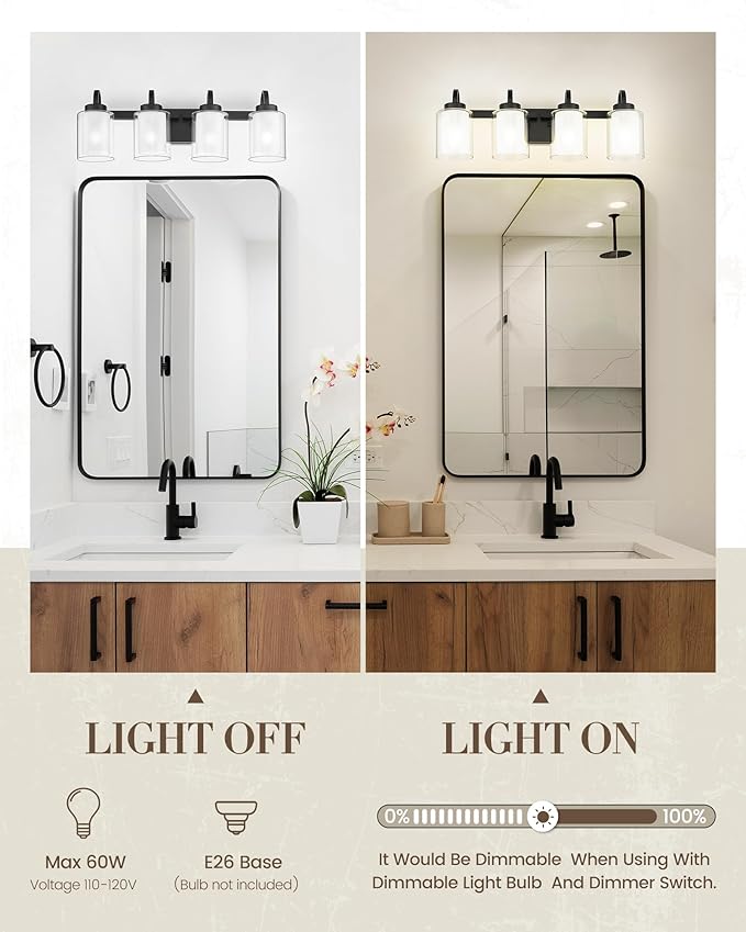 TENGXIN 4-Light Bathroom Light Fixtures, Matte Black Vanity Lights Over Mirror, Farmhouse Wall Sconces with Dual Glass Shade, Modern Wall Lamp for Bathroom Hallway Living Room Cabinet,TXVLBK03