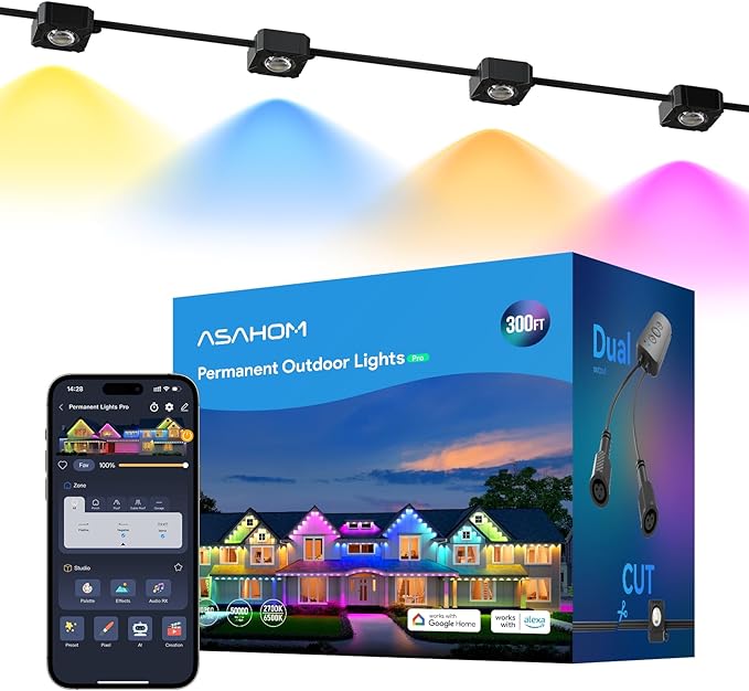 ASAHOM Permanent Outdoor Lights Pro, 300FT with 216 RGBCW LEDs and Dual Output, WLED Integration, AI Lighting, 30,000 Lighting Effects Combination, IP67 Waterproof for Outdoor Decor, Black