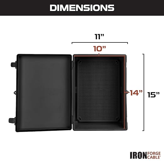 Iron Forge Cable Waterproof Junction Box - Outdoor Enclosure - Boxes with Mounting Plate, Wall Brackets, Hinged Black Panel Cover - IP65-15x11x6 Inch