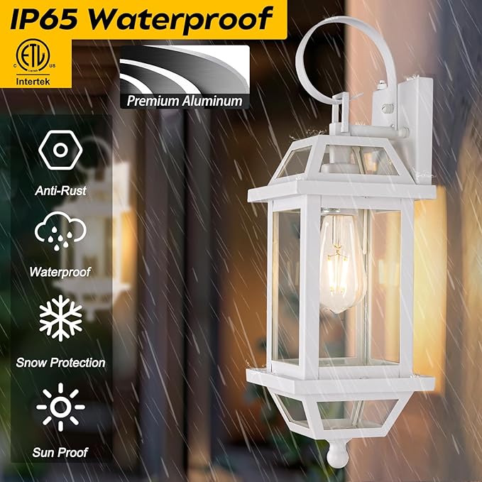 White Outdoor Wall Lantern 2-Pack, Large 18" Aluminum Exterior Wall Sconce Outdoor Porch Lights with Clear Glass, White Carriage Lights Outdoor Enclosed Bottom Outdoor Wall Light for House ETL listed