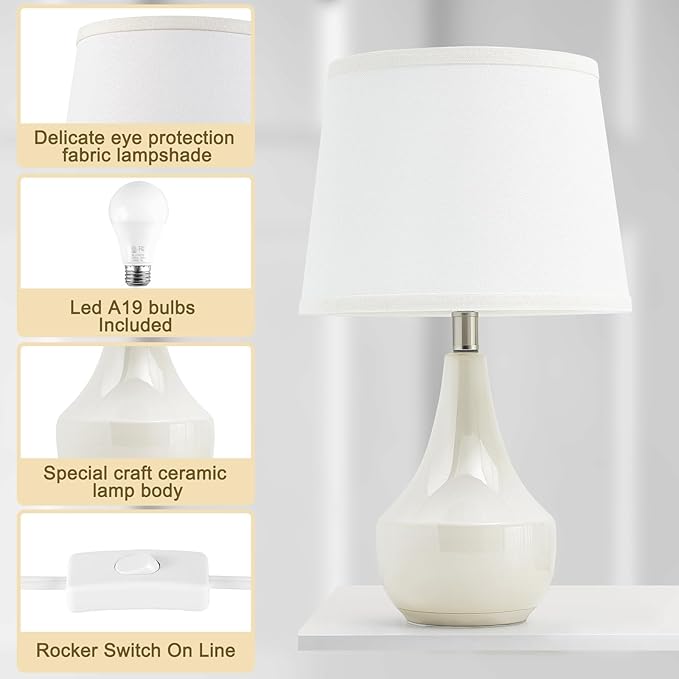 GyroVu Table Lamp Set of 2, 18.63” Ceramic Table Lamp Classic Beside Lamps Nightstand Lamp Modern Lamp for Living Room, Bedroom & Office Rocker Swtich Cream-LED Bulbs Included