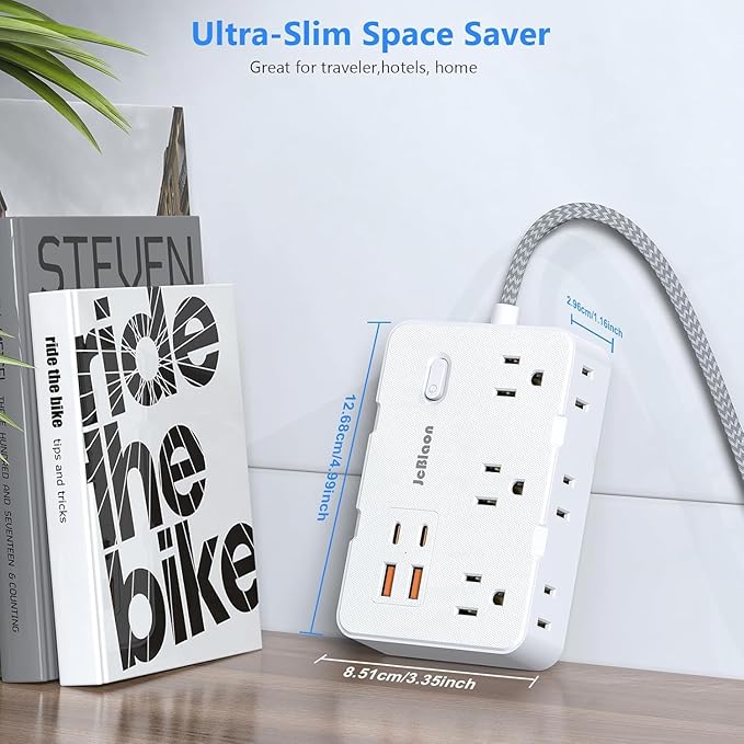 Surge Protector Power Strip, 15 Ft Cord Ultra Thin Flat Extension Cord with 6 Outlets 4 USB Ports(2 USB C), 1050J Flat Plug Power Strip for College Dorm Room Essentials