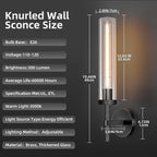 Modern Black Hardwired Wall Sconces 2 Pack, 21'' Knurled Bathroom Wall Sconce, Indoor Wall Sconce,Copper and Glass Vanity Light, for Living, Bedroom, Hallway, Staircases, Include Bulbs
