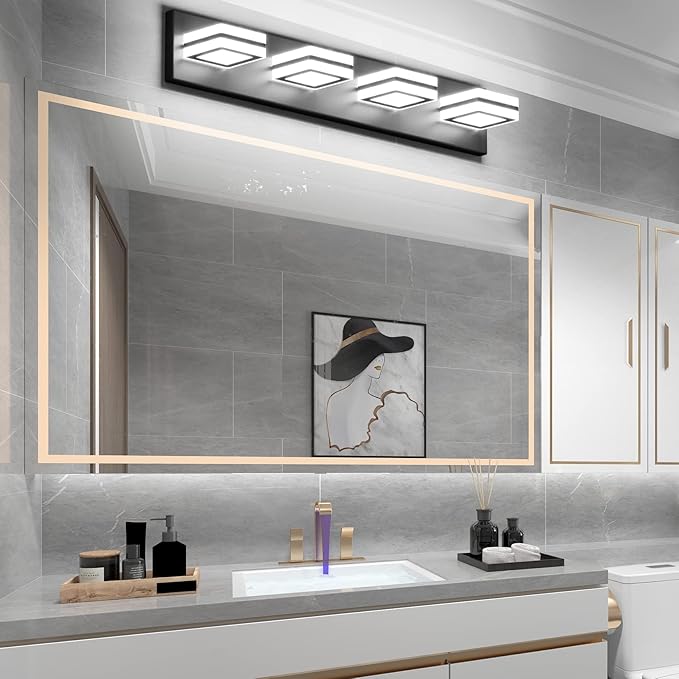 Ralbay Modern LED Bathroom Vanity Lights 4 Lights LED Black Bathoom Wall Lighting Over Mirror Up and Down Acrylic Matte Black Vanity Lights