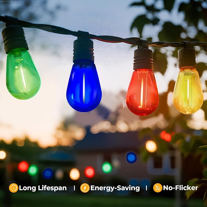 24 Pack LED S14 Colored Light Bulbs for Outdoor String Lights, Shatterproof 1W Replacement Bulbs for Patio Lights, Dimmable, 2200K Warm White, E26 Base, Multi-Color: Red/Blue/Yellow/Green