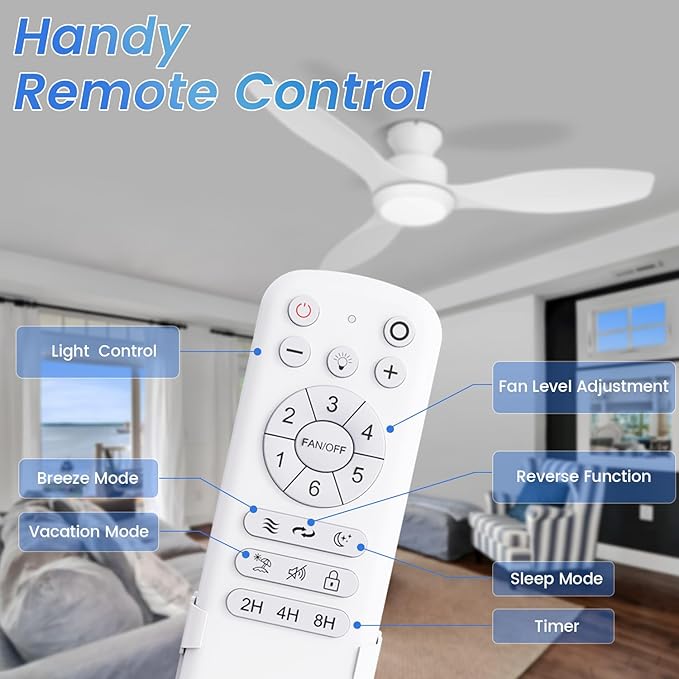 48" Ceiling Fan with Light amd Remote, White Flush Mount Ceiling Fan with 3 Blades,3 Color Light, 6 Speed, Queit DC Motor, for Bedroom/Outdoor/Patios, White