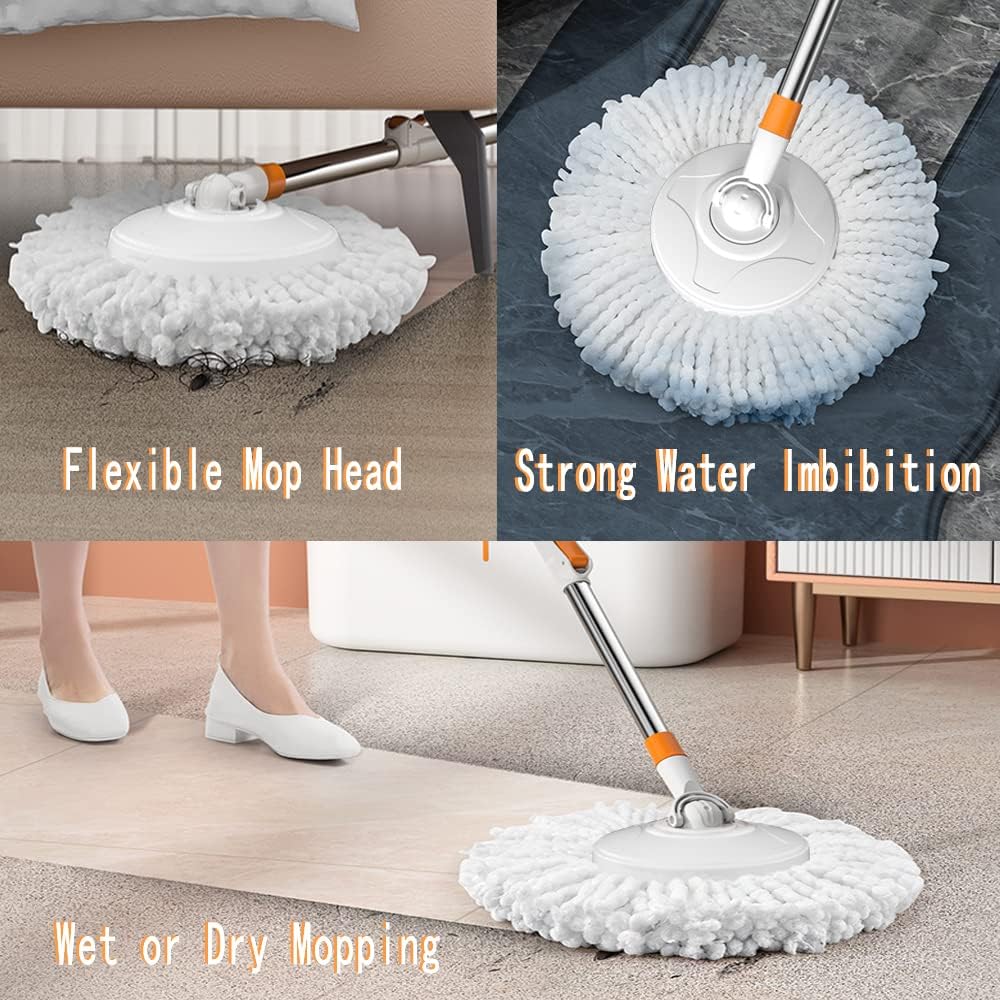 Spin Mop Bucket with Wringer System Extended Mop Handle 61＂Mop and Bucket for Floors Cleaning with 5 Replacement Head Refill 1 Cleaning Brush Head