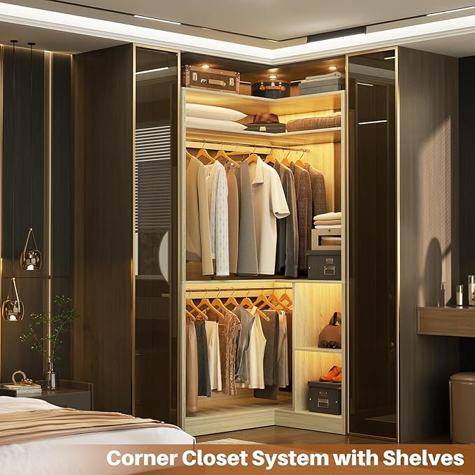Aheaplus Corner Closet System with Shelves, 34’’ Closet Organizer System with Hanging Rods, Wood Walk-in Closets for Corner Small Space,Freestanding Corner Tower, L Shaped Garment Rack, Black