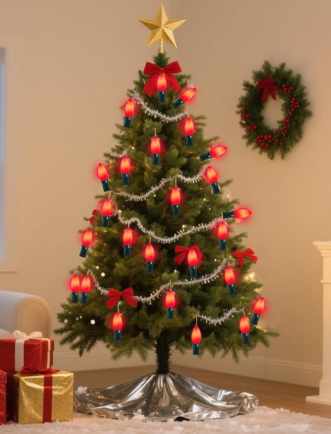 50 Pack C7 Red Christmas Light Bulbs, 5W Ceramic Incandescent Replacement Bulbs for Outdoor String Lights, C7 Christmas Night Light Bulbs for Porch Patio Garden Holiday Decor, E12 Intermediate Base