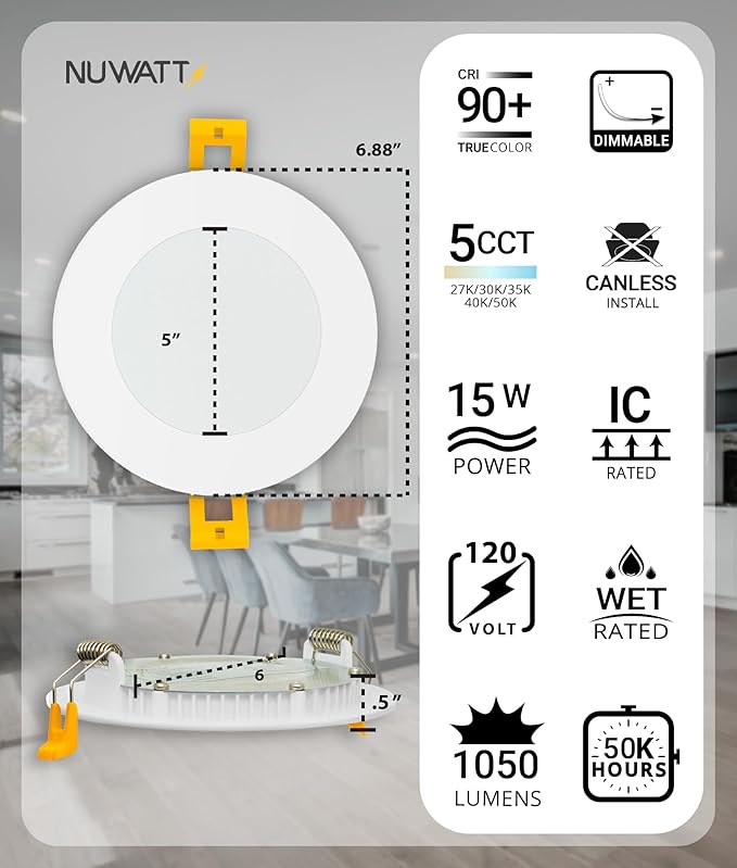 NUWATT 6 Pack, 6 Inch Ultra-Thin LED Recessed Lighting, CCT 2700K/3000K/3500K/4000K/5000K Selectable, 1050LM, 15W, Dimmable, IC Rated, Wet Rated, White Trim Canless Slim Wafer Light with Junction Box