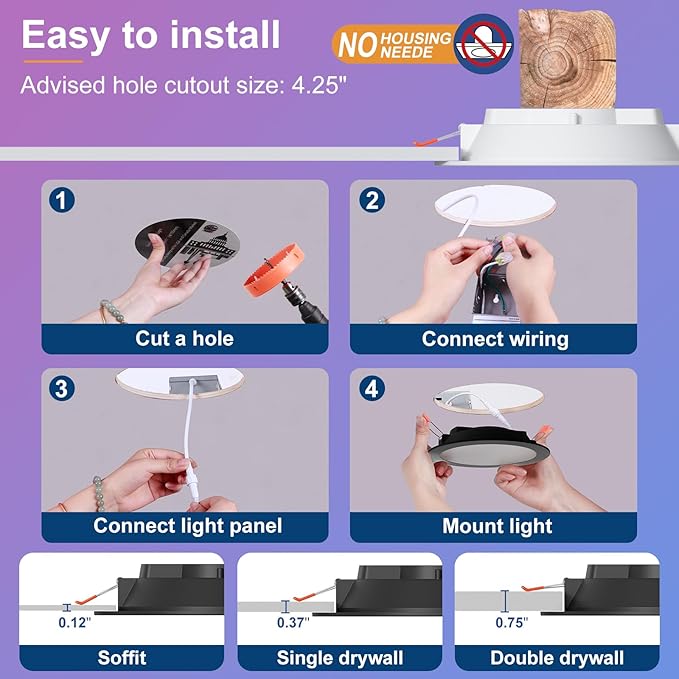 Black Smart Recessed Lighting 6 Inch RGBCW Color Changing 16W LED Downlight with Junction Box,1350 Lumen Recessed Ceiling Light Compatible with Alexa,Dimmable by Bluetooth Control -6Pack