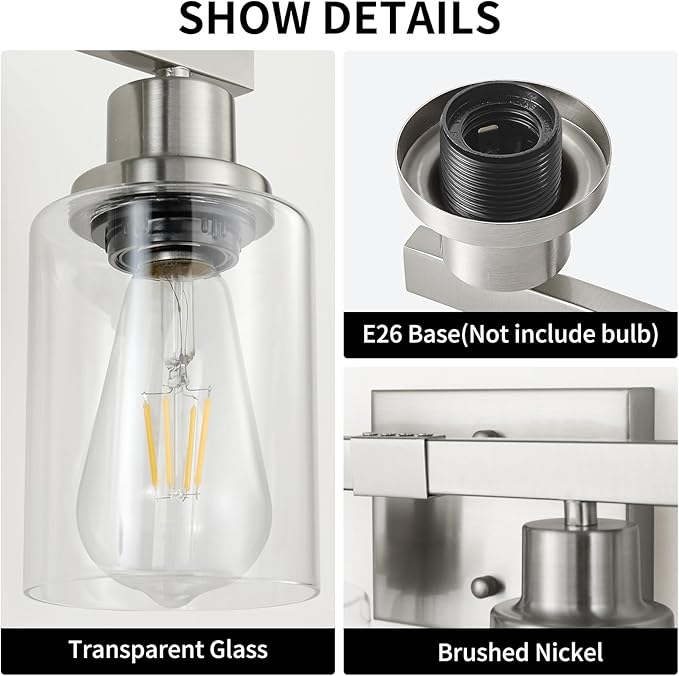 Bathroom Vanity Light, 4-Light Nickel Modern Matte Wall Sconce Lighting with Clear Glass Shade, Wall Lights,Bath Vintage Wall Mounted Lamps for Mirror Bedroom Living Room