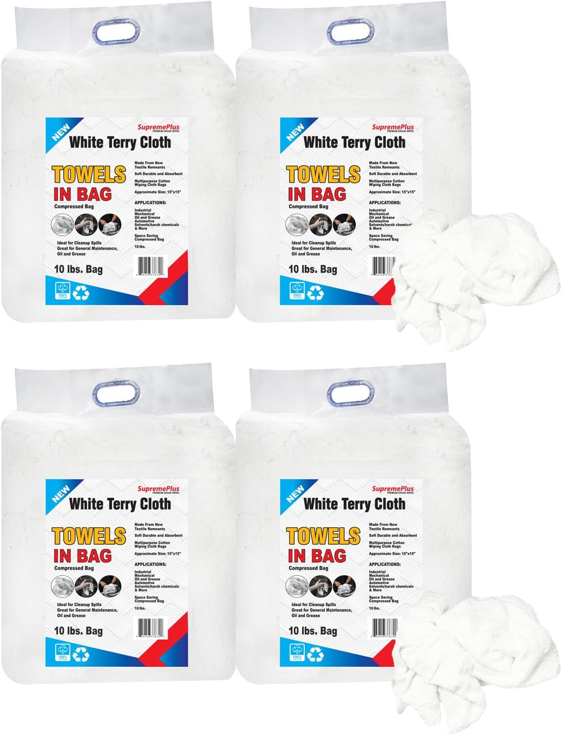 Premium White Terry Cloth Rags (10 lbs.Bag - 4 Pack) Super Absorbent Cotton Towel Cleaning Rags for Garage, Industrial Use & Housekeeping