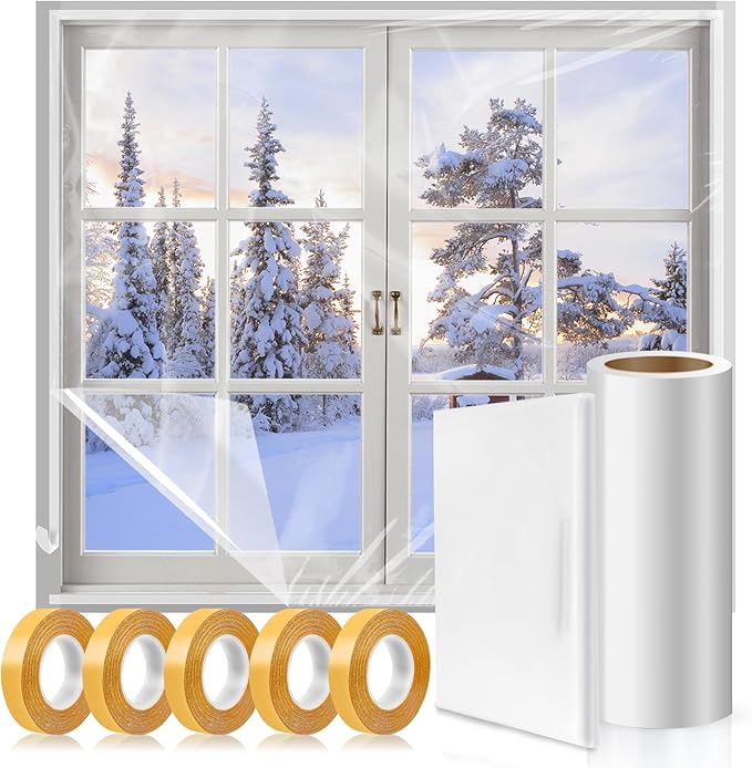 Window Insulation Kit, 63 × 394" and 87 × 110"Plastic Window Coverings for Winter, Thicken Window Shrink Film Insulator Kit Windows Waterproof Winterizing with Double-Sided Tape