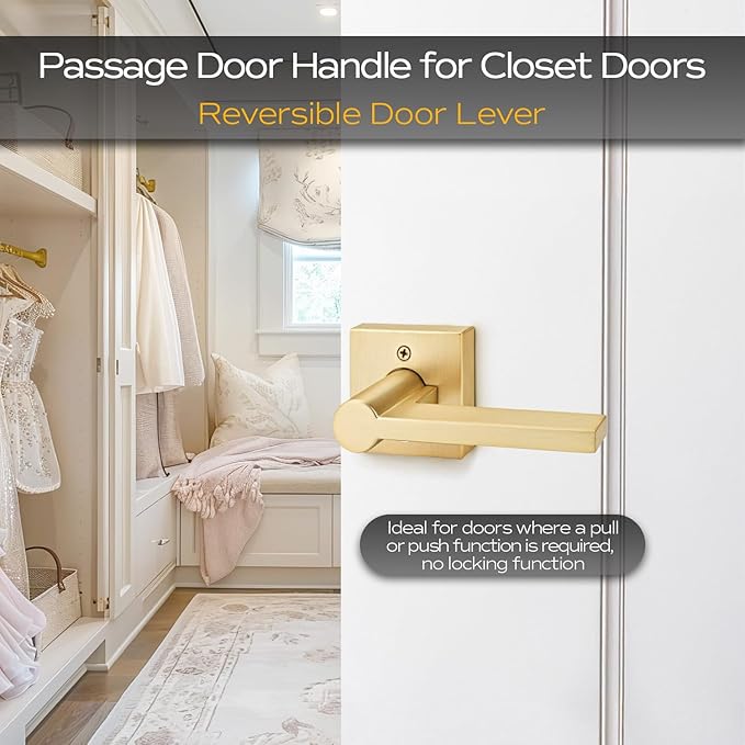 EHOMEWARE 4 Pack Passage Door Knobs, Satin Brass Door Handles Keyless Closet Door Knobs, Interior Door Handle in Gold Finish, Heavy Duty Modern Door Levers