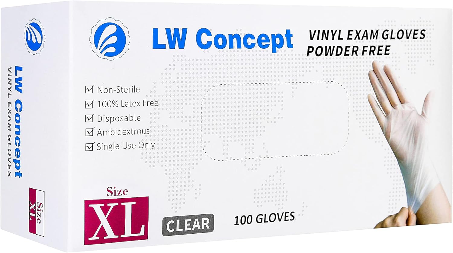 LW Concept Clear Vinyl Exam Gloves for Medical/Food Safe/Cleaning/Handling Use Multipurpose Latex & Powder Free, 3.5 mil (LW3004, X-Large, Box of 100)