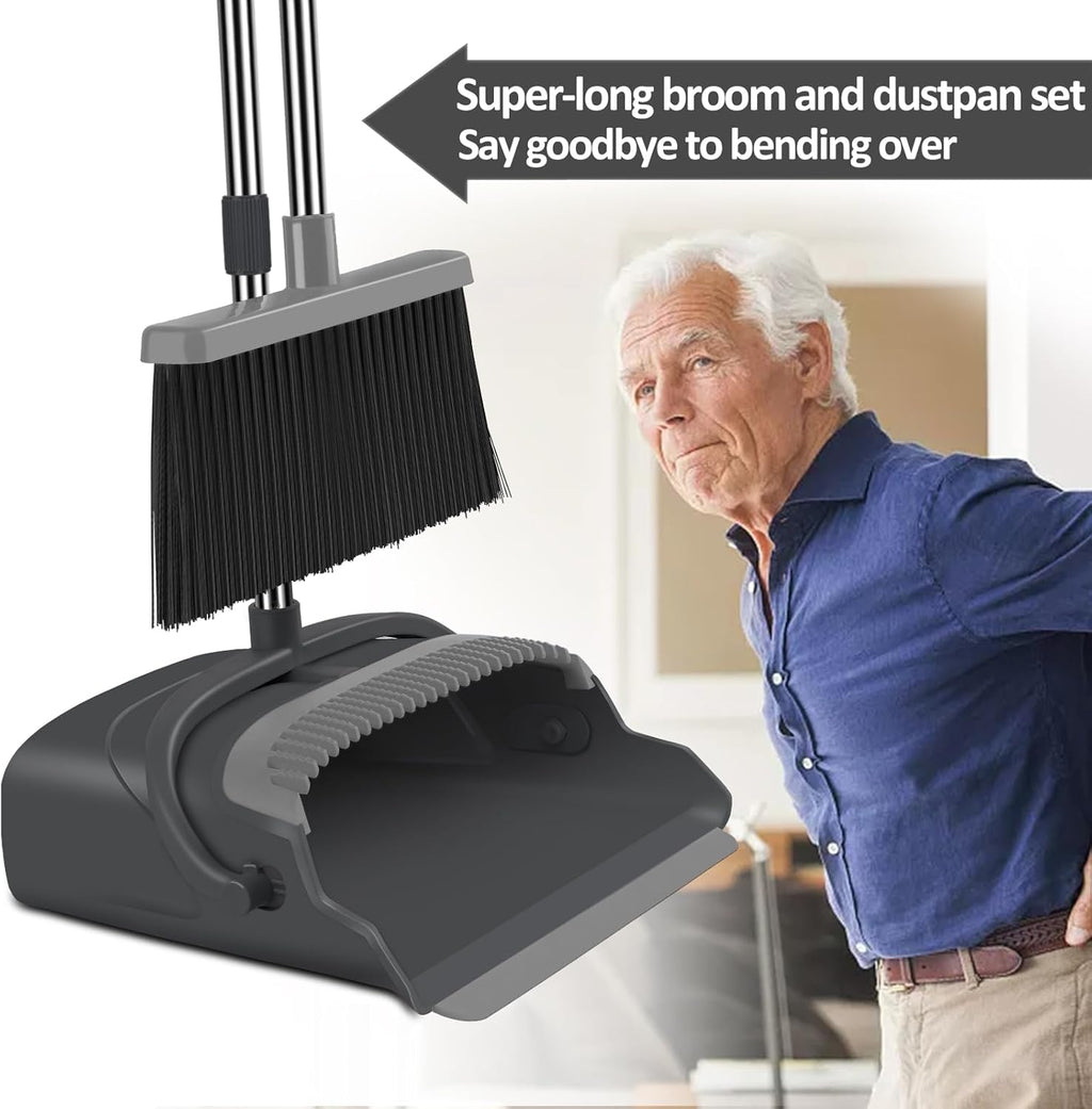 kelamayi Broom and Dustpan Set for Home, Office, Indoor&Outdoor Sweeping, Stand Up Broom and Dustpan (Black&Gray)