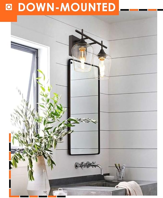Oil Rubbed Bronze Bathroom Light Fixture, 2 Lights Bathroom Vanity Lights Over Mirror with Clear Glass, Farmhouse Bath Wall Sconce Light, WL9167-2A