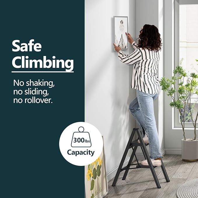 WOA WOA Step Ladder, Folding Step Stool with Widening Pedals, Portable Lightweight Home Ladder, Kitchen Stepladder, Easy to Store, Space Save 300 lbs Capacity (2 Step, Black)