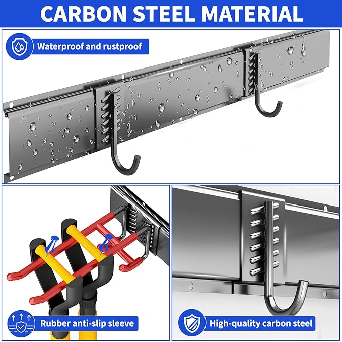 Tool Organizer Wall Mount, 32inch Heavy Duty Garden Tool organizer Storage System, Easy Install With 6 Adjustable Hooks, For Garage, Basement, Shed, Workshop(Black)