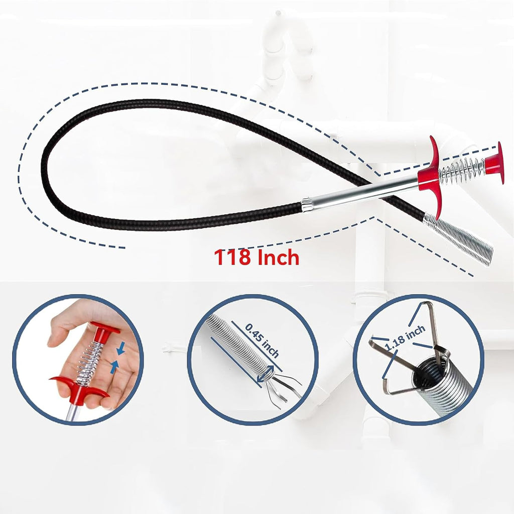 118" Drain Snake Hair Drain Clog Remover Tool with 4 Claws Bendable Hose - Flexible Grabber Claw Pick Up Reacher Tool for Clogged Drains Opener Cleaning