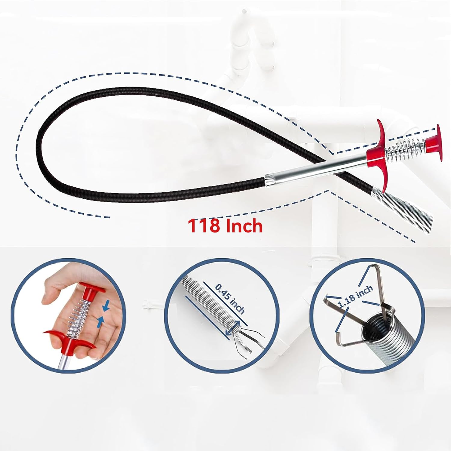 118" Drain Snake Hair Drain Clog Remover Tool with 4 Claws Bendable Hose - Flexible Grabber Claw Pick Up Reacher Tool for Clogged Drains Opener Cleaning