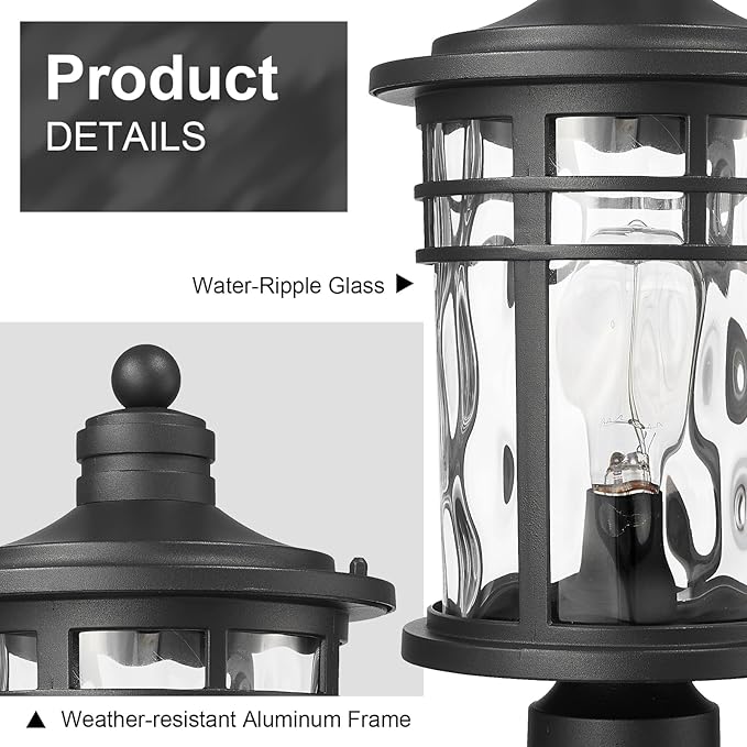 Darkaway Large Outdoor Post Lights Lamp Posts Outdoor Lighting, 17inch Aluminum Post Lights Outdoor Light Fixtures with Water Ripple Glass, Pole Light for Outside Patio Yard Garden