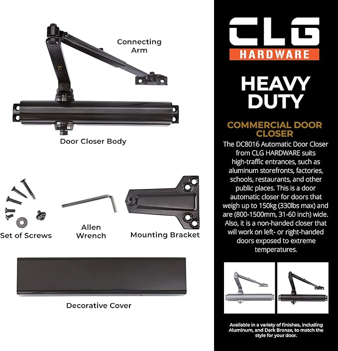 CLG HARDWARE Heavy Duty Commercial Door Closer DC8016 - Slim Line - Surface Mounted, Grade 1- ADA & UL 3 Hour Fire Rated, Adjustable Size 1-6 for Entrances & Aluminum Storefronts - US10D Dark Bronze